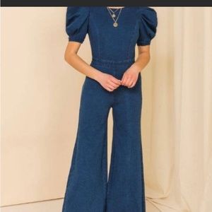 Flying Tomato denim one piece jumpsuit puff sleeve open back